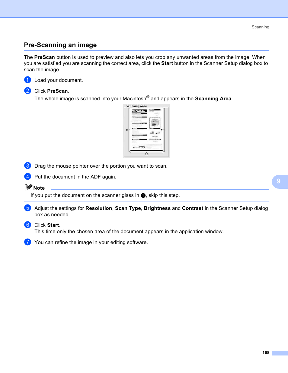 Pre-scanning an image, 9pre-scanning an image | Brother DCP 9040CN User Manual | Page 176 / 225