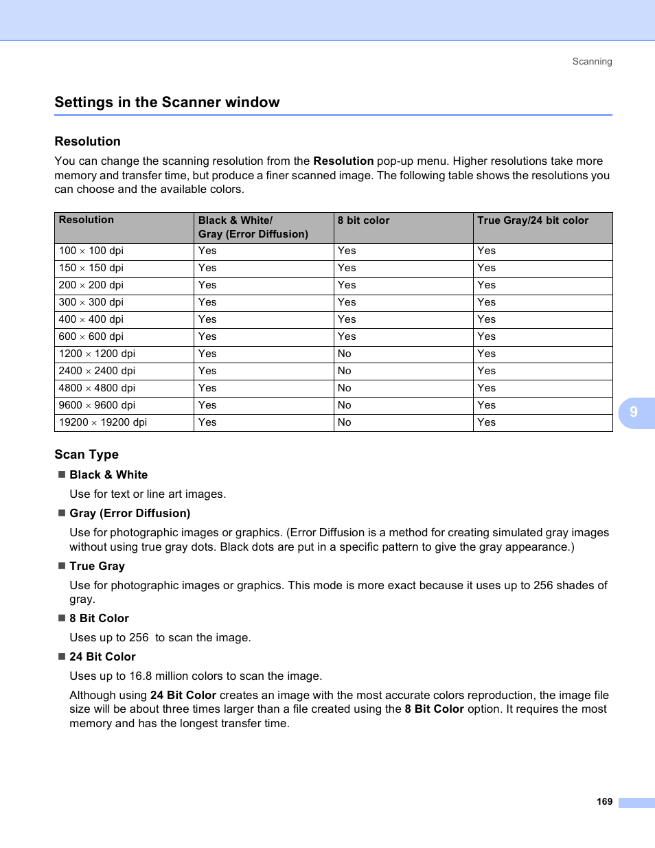 Settings in the scanner window, Resolution, Scan type | 9settings in the scanner window | Brother DCP 9040CN User Manual | Page 177 / 225