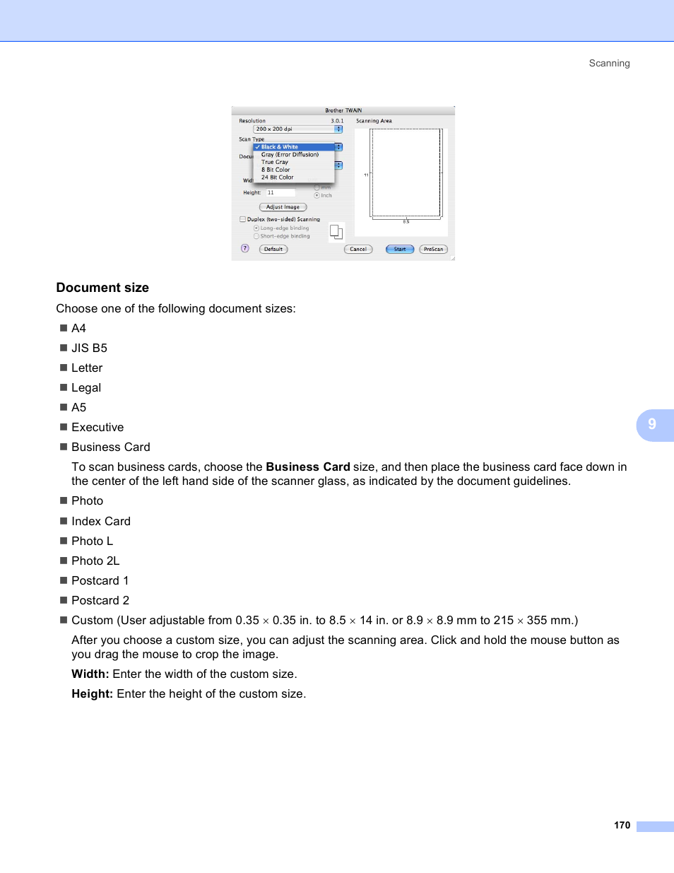 Document size | Brother DCP 9040CN User Manual | Page 178 / 225