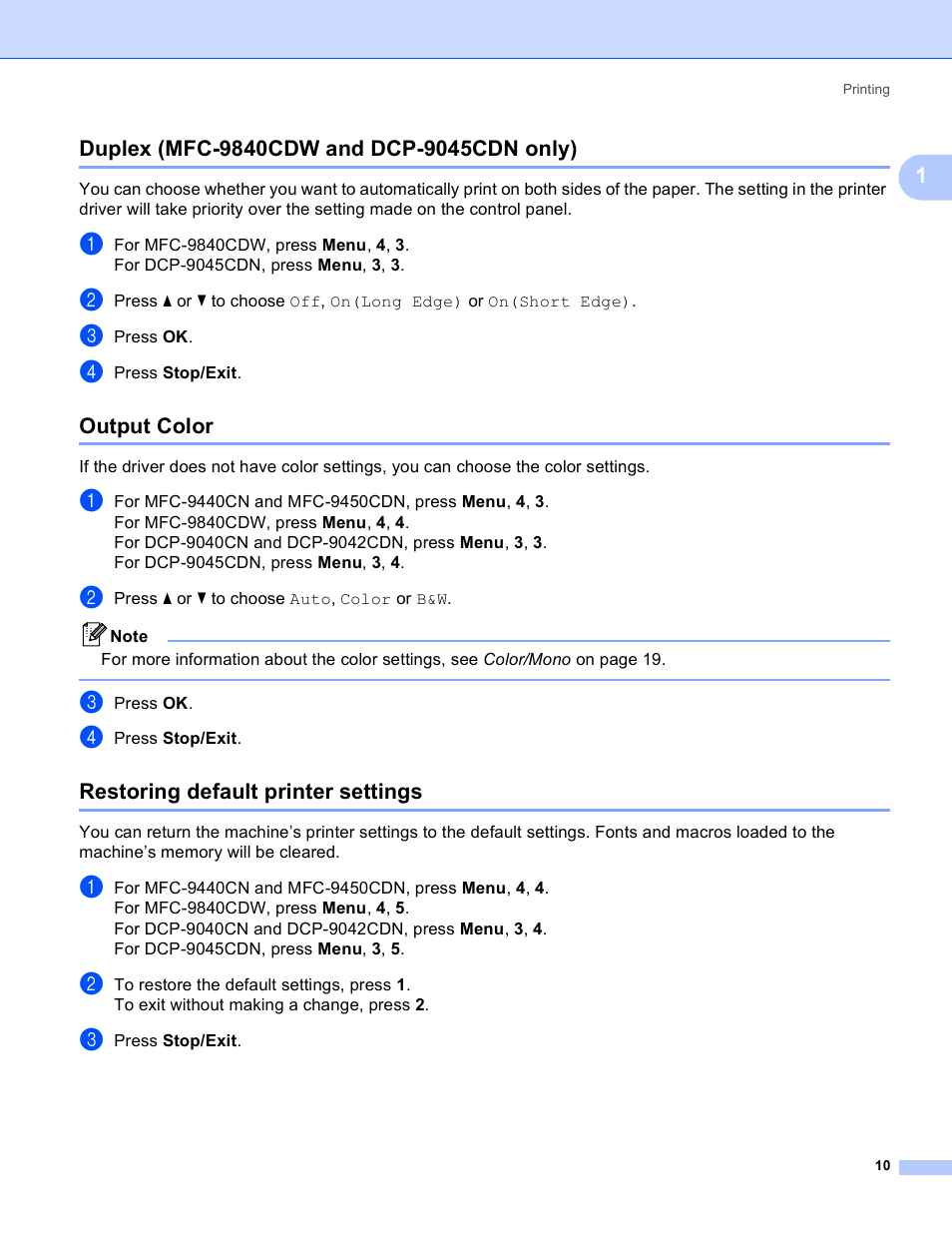 Duplex (mfc-9840cdw and dcp-9045cdn only), Output color, Restoring default printer settings | Brother DCP 9040CN User Manual | Page 18 / 225