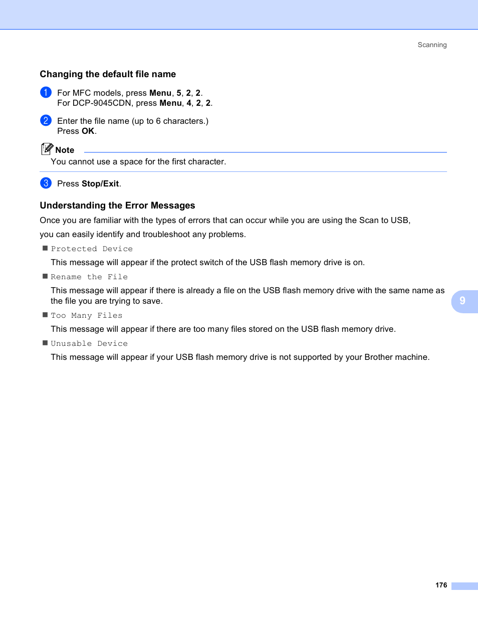 Changing the default file name, Understanding the error messages | Brother DCP 9040CN User Manual | Page 184 / 225