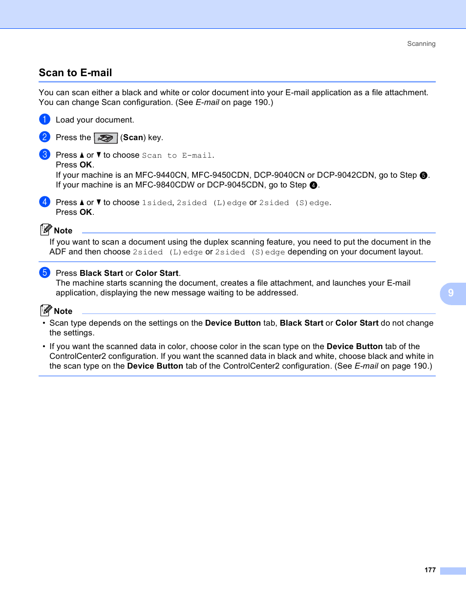 Scan to e-mail, 9scan to e-mail | Brother DCP 9040CN User Manual | Page 185 / 225