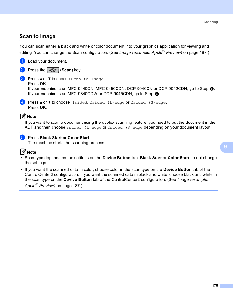 Scan to image, 9scan to image | Brother DCP 9040CN User Manual | Page 186 / 225