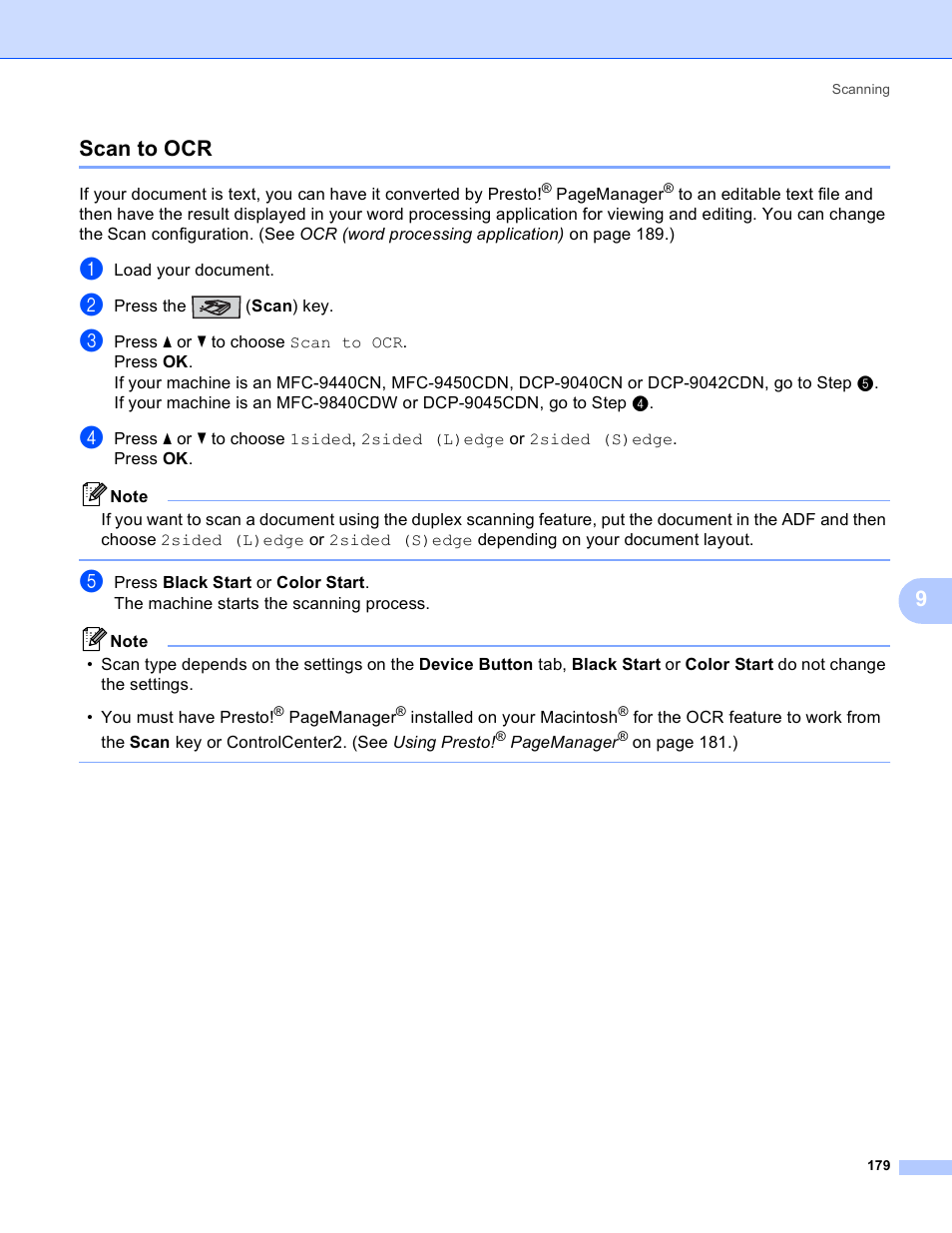 Scan to ocr, 9scan to ocr | Brother DCP 9040CN User Manual | Page 187 / 225