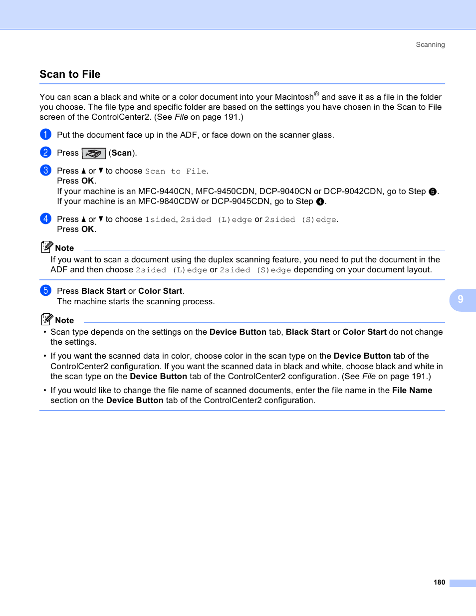 Scan to file, 9scan to file | Brother DCP 9040CN User Manual | Page 188 / 225