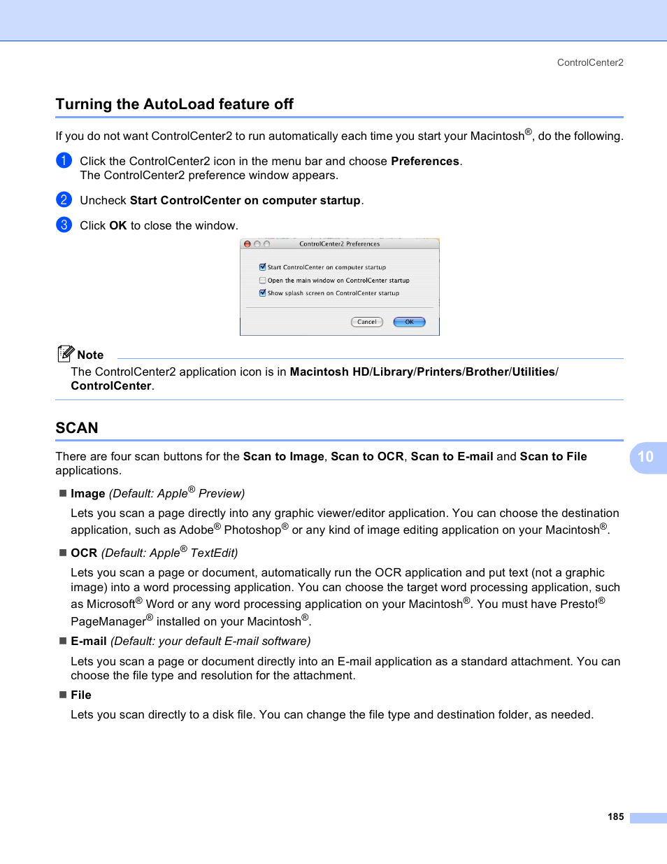 Turning the autoload feature off, Scan, Turning the autoload feature off scan | 10 turning the autoload feature off | Brother DCP 9040CN User Manual | Page 193 / 225