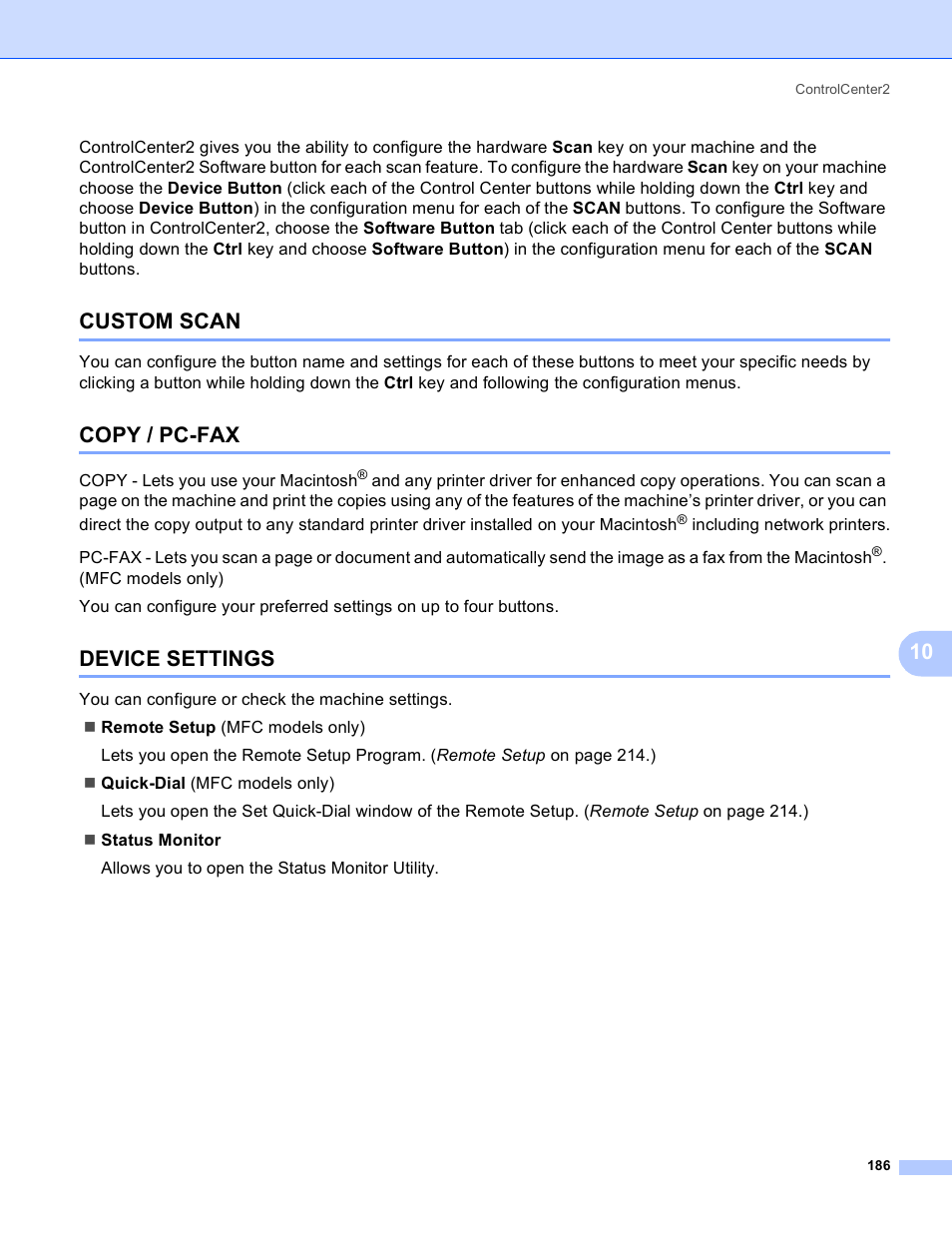Custom scan, Copy / pc-fax, Device settings | Custom scan copy / pc-fax device settings | Brother DCP 9040CN User Manual | Page 194 / 225