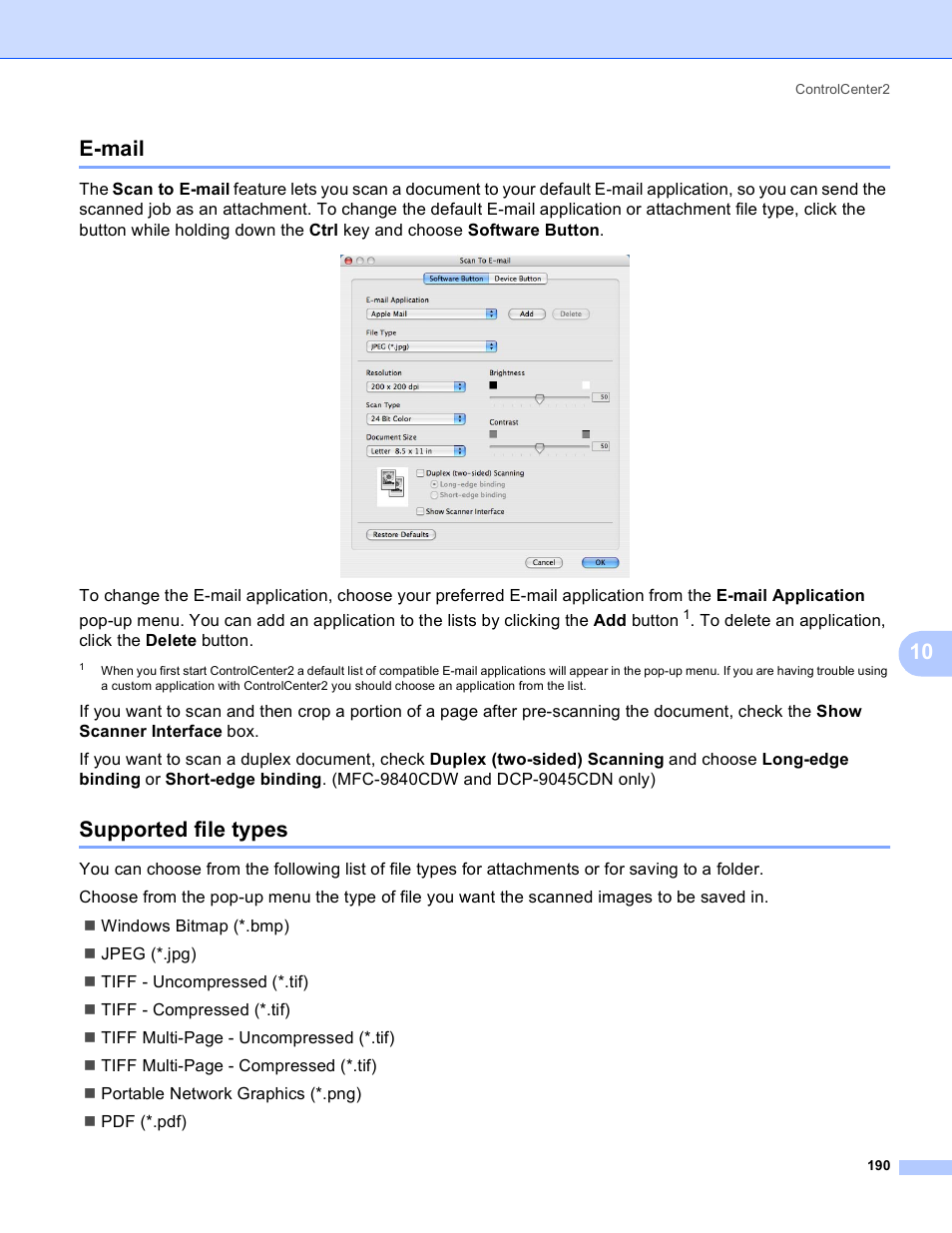 E-mail, Supported file types, E-mail supported file types | 10 e-mail | Brother DCP 9040CN User Manual | Page 198 / 225