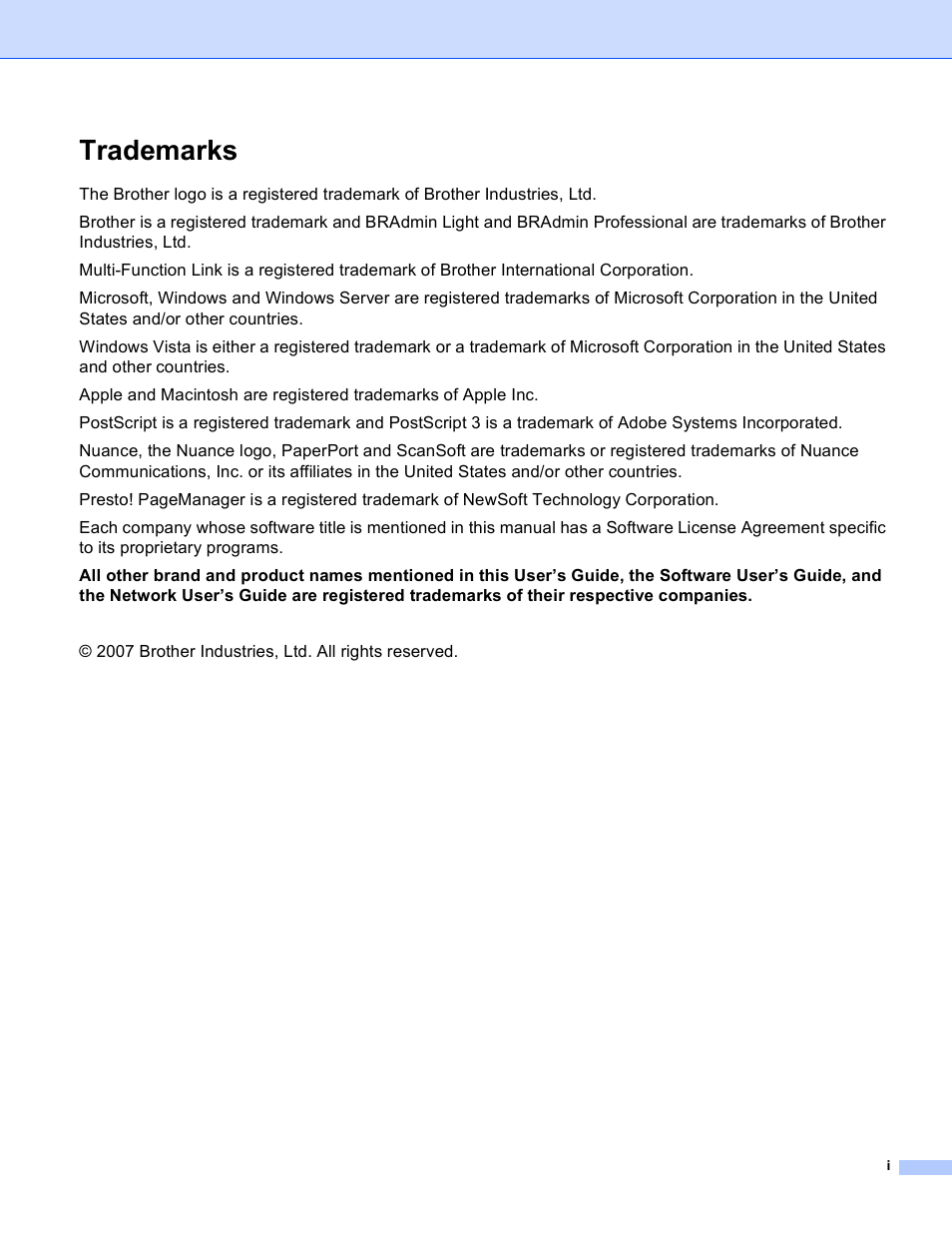 Trademarks | Brother DCP 9040CN User Manual | Page 2 / 225