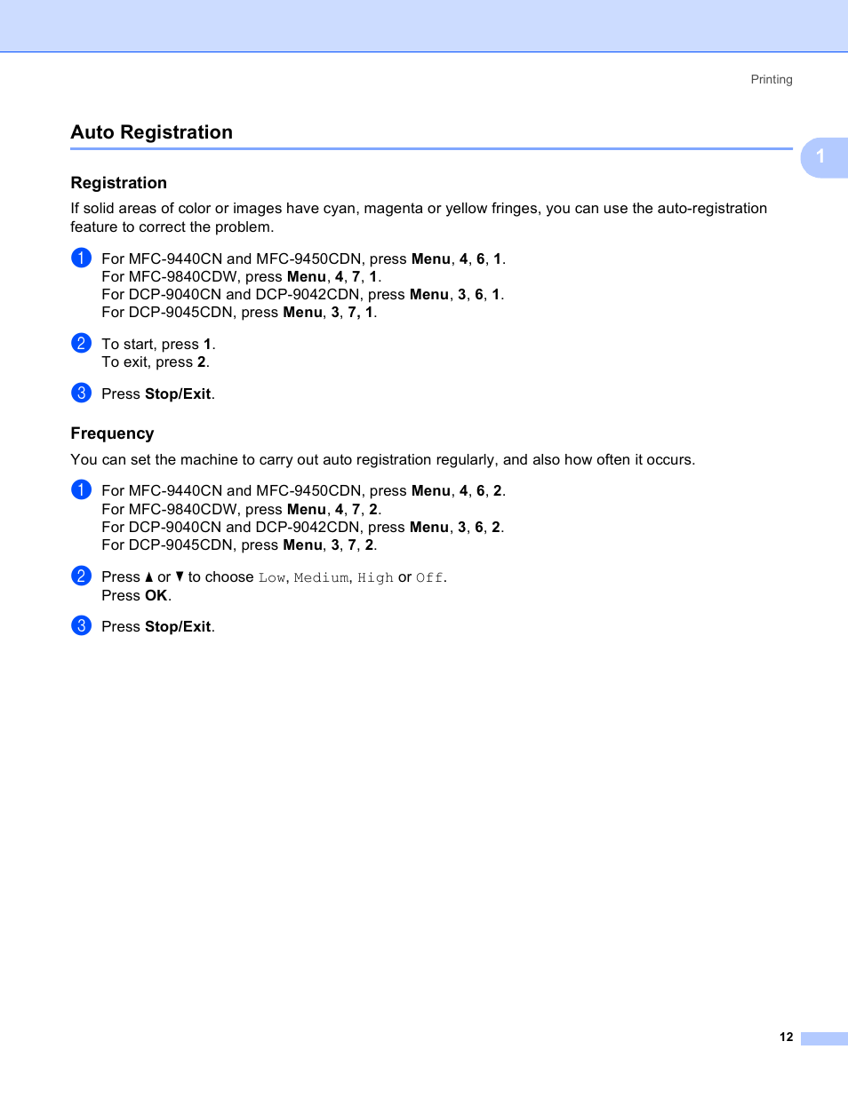 Auto registration, Registration, Frequency | 1auto registration | Brother DCP 9040CN User Manual | Page 20 / 225