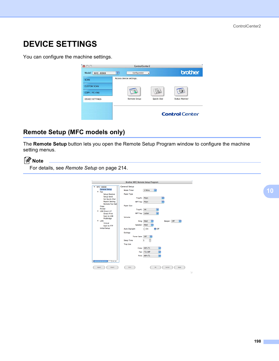 Device settings, Remote setup (mfc models only), You can configure the machine settings | Brother DCP 9040CN User Manual | Page 206 / 225