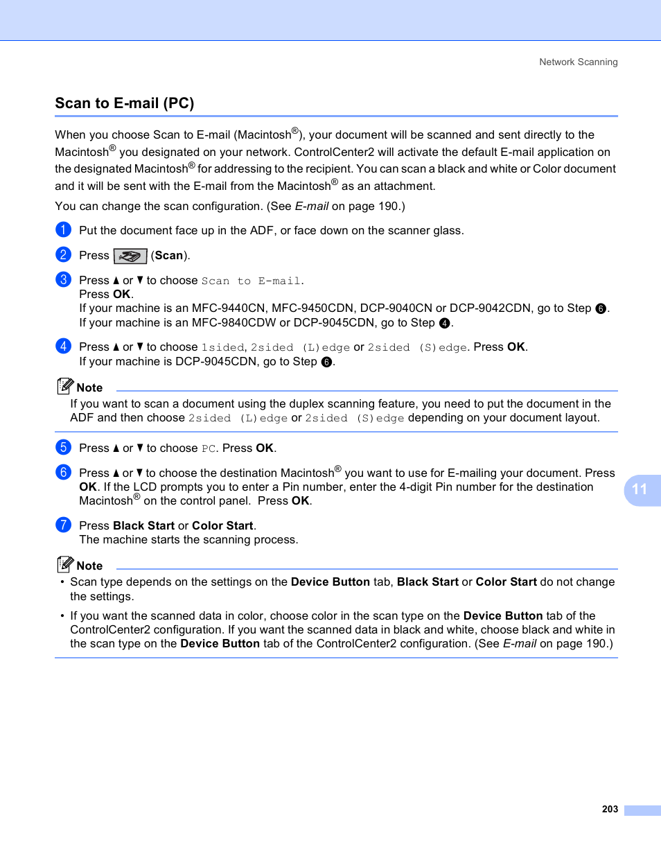 Scan to e-mail (pc), 11 scan to e-mail (pc) | Brother DCP 9040CN User Manual | Page 211 / 225