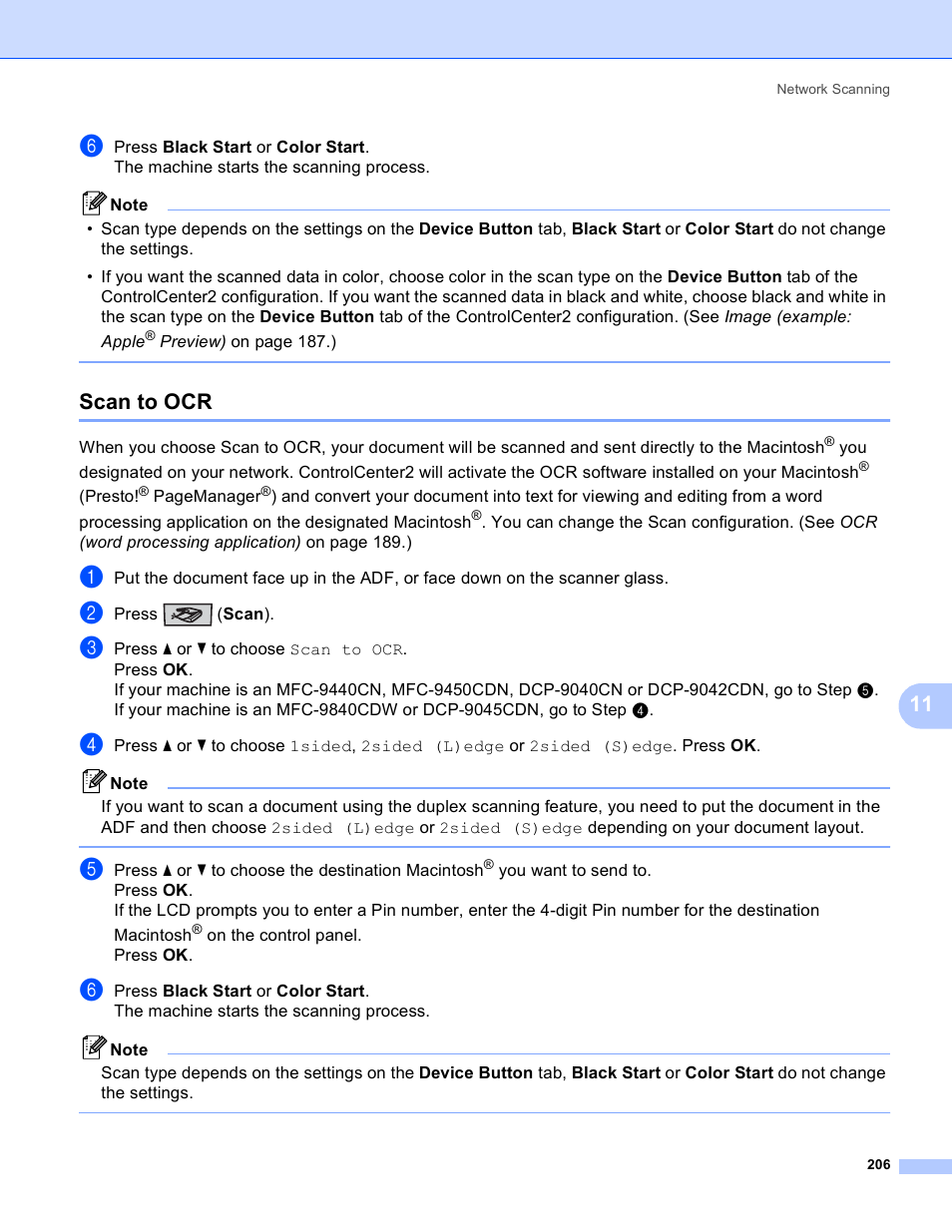 Scan to ocr | Brother DCP 9040CN User Manual | Page 214 / 225