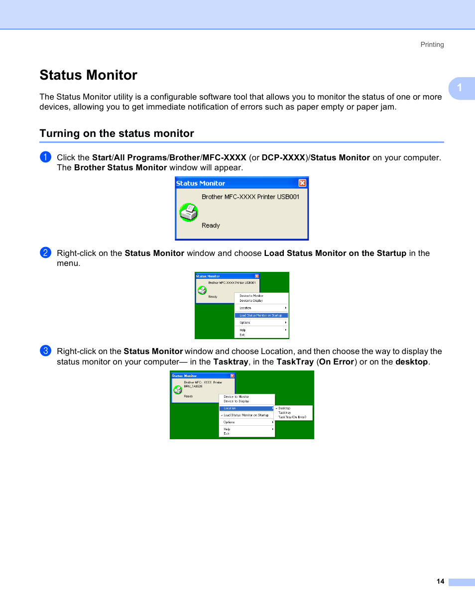 Status monitor, Turning on the status monitor | Brother DCP 9040CN User Manual | Page 22 / 225