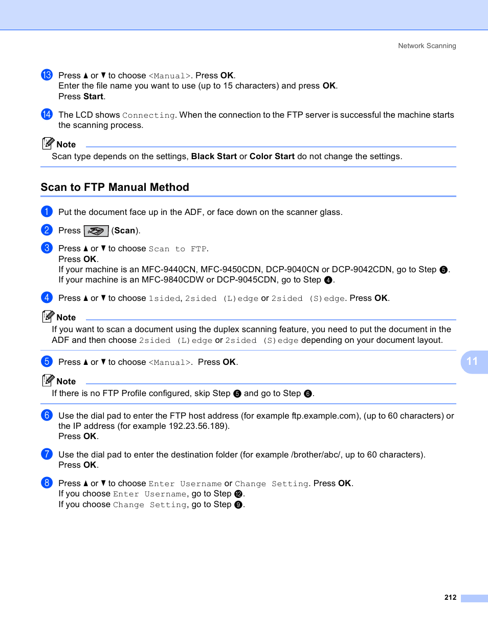 Scan to ftp manual method | Brother DCP 9040CN User Manual | Page 220 / 225