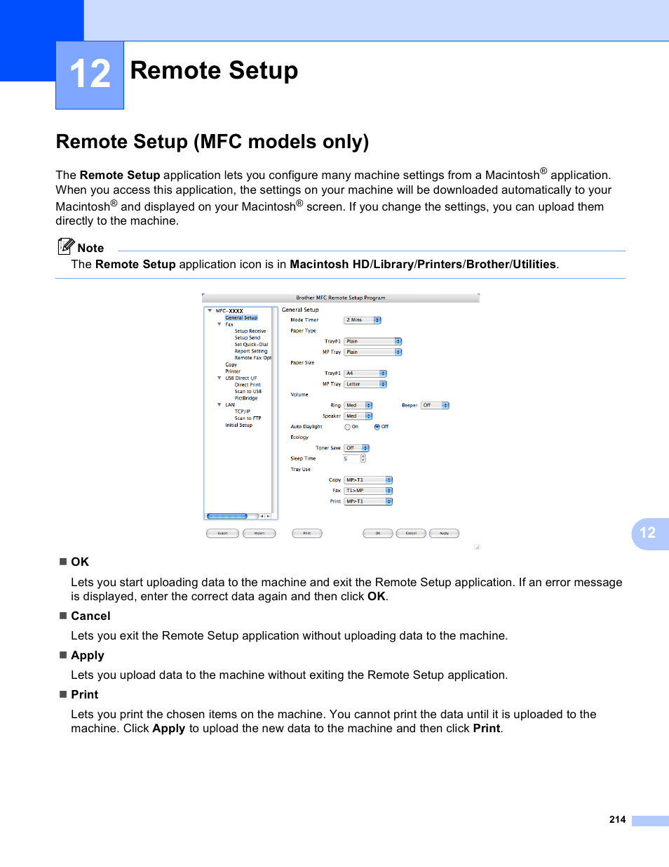 12 remote setup, Remote setup (mfc models only), Remote setup | Brother DCP 9040CN User Manual | Page 222 / 225