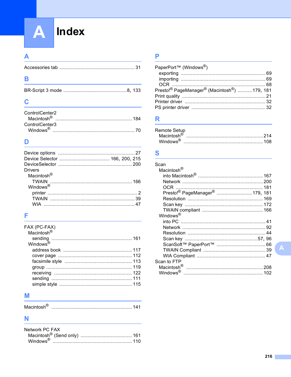 Index | Brother DCP 9040CN User Manual | Page 224 / 225