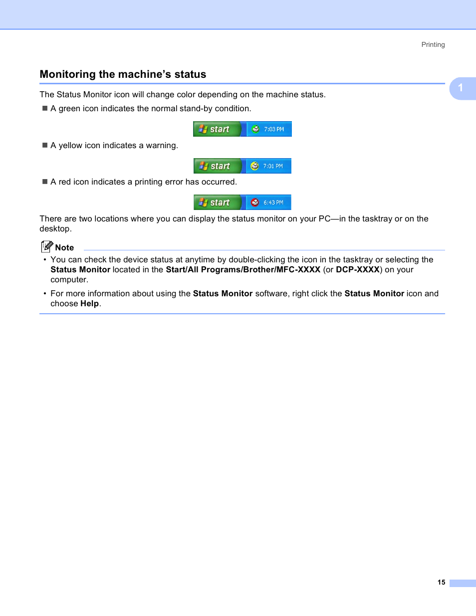 Monitoring the machine’s status, 1monitoring the machine’s status | Brother DCP 9040CN User Manual | Page 23 / 225