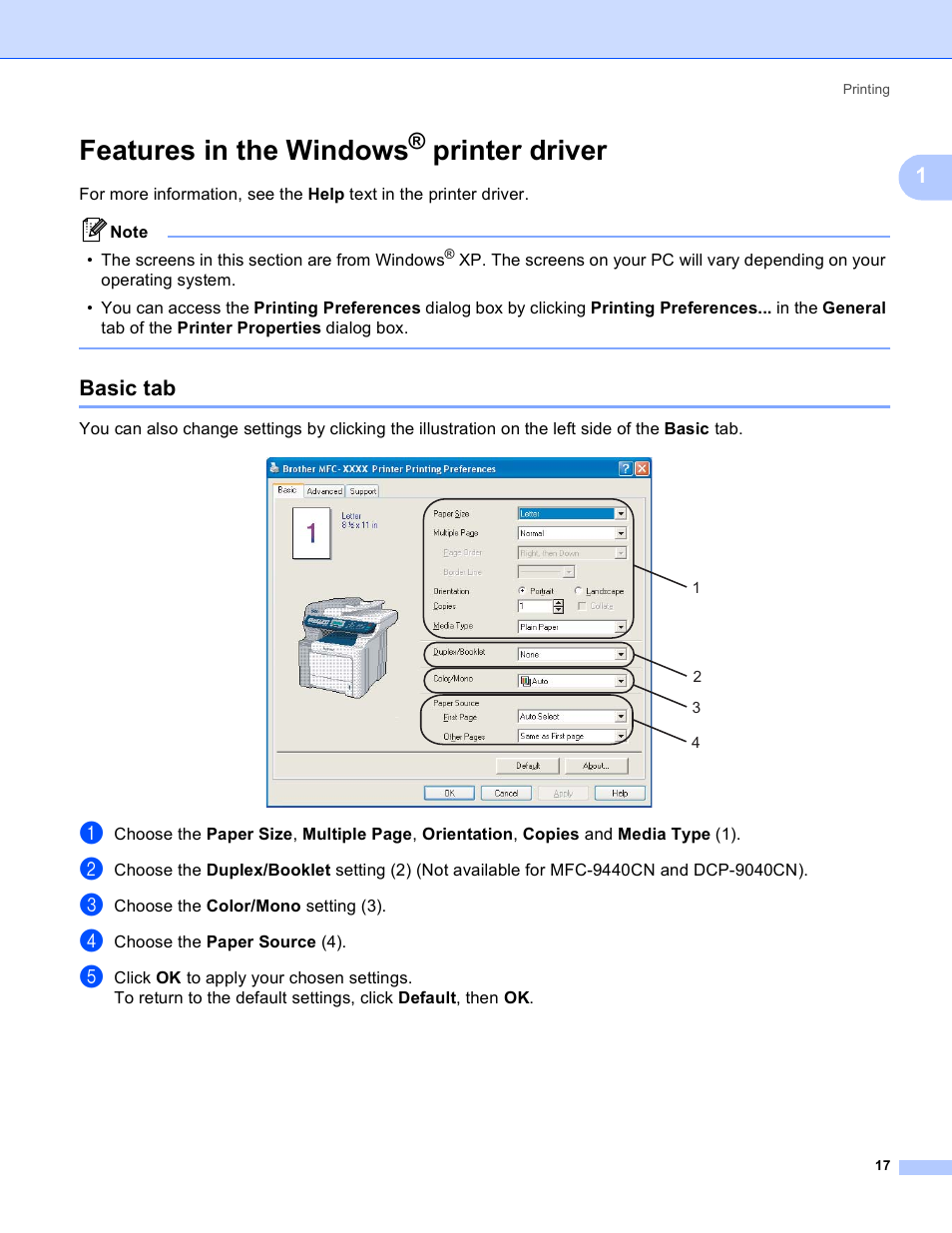 Features in the windows® printer driver, Basic tab, Features in the windows | Printer driver | Brother DCP 9040CN User Manual | Page 25 / 225