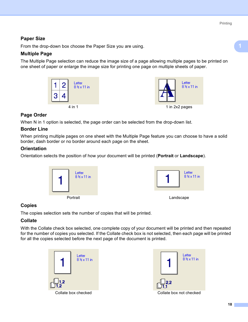 Paper size, Border line, Orientation | Copies, Collate, Multiple page, Page order, Portrait landscape, Collate box checked collate box not checked | Brother DCP 9040CN User Manual | Page 26 / 225