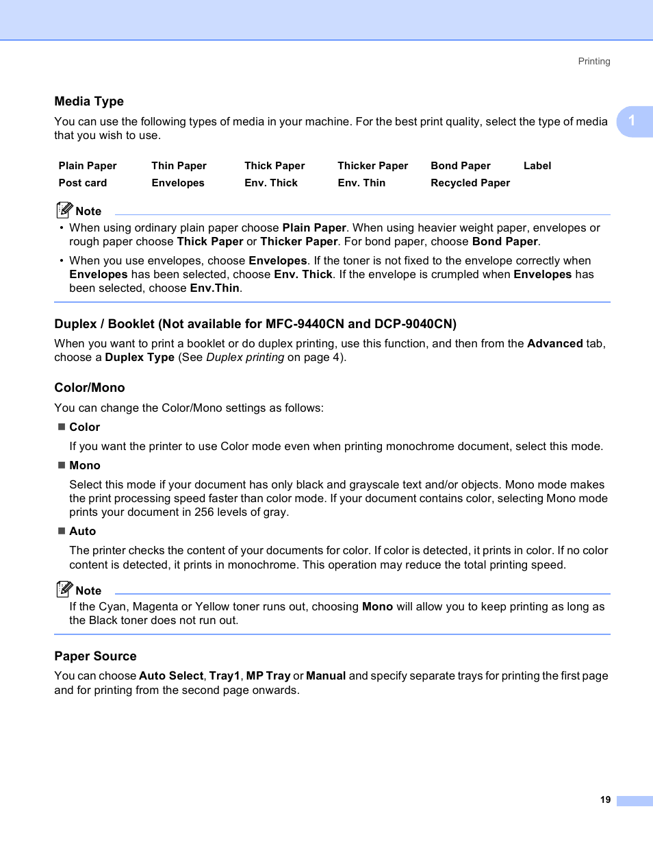 Media type, Color/mono, Paper source | Brother DCP 9040CN User Manual | Page 27 / 225