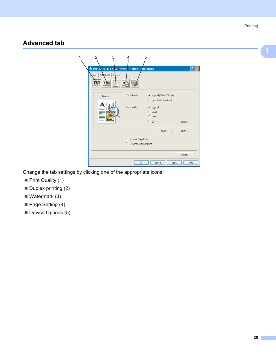 Advanced tab, 1advanced tab | Brother DCP 9040CN User Manual | Page 28 / 225