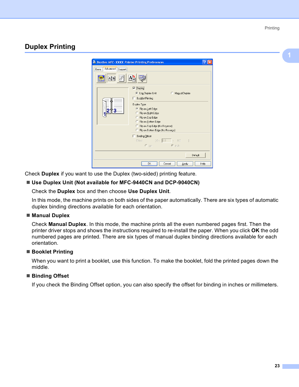 Duplex printing, 1duplex printing | Brother DCP 9040CN User Manual | Page 31 / 225