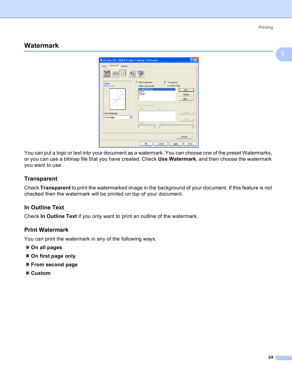 Watermark, Transparent, In outline text | Print watermark, 1watermark | Brother DCP 9040CN User Manual | Page 32 / 225