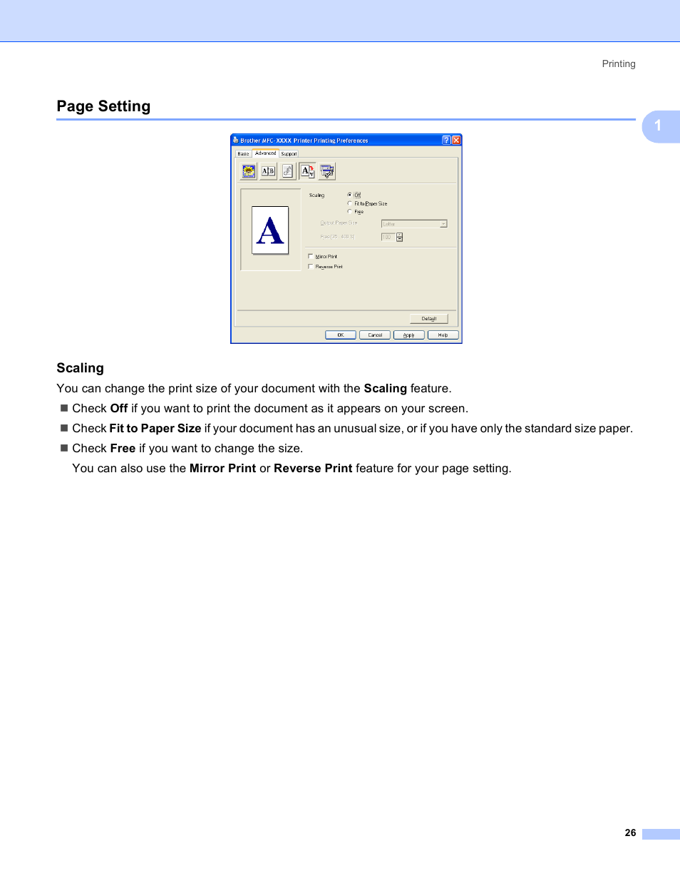 Scaling, 1page setting | Brother DCP 9040CN User Manual | Page 34 / 225