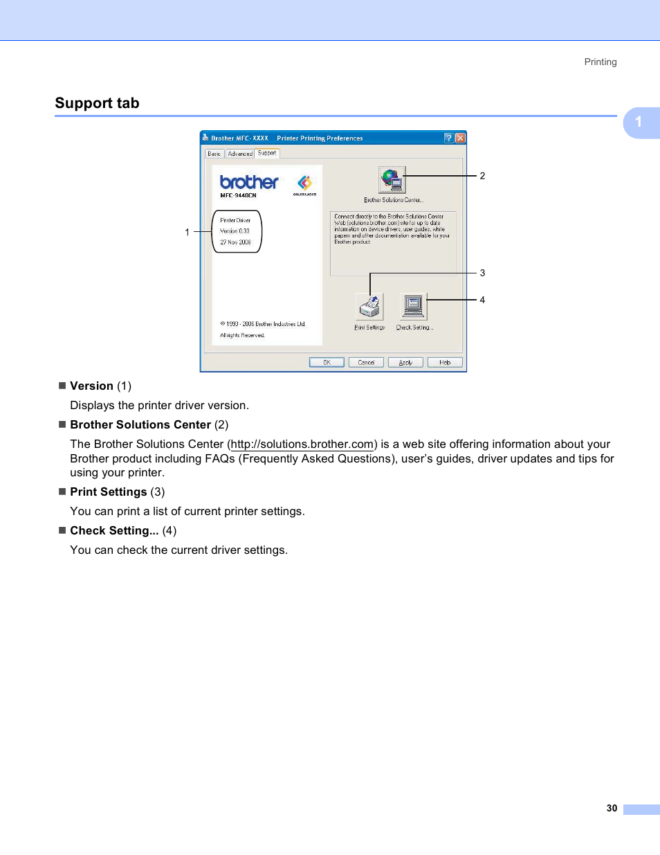 Support tab, 1support tab | Brother DCP 9040CN User Manual | Page 38 / 225