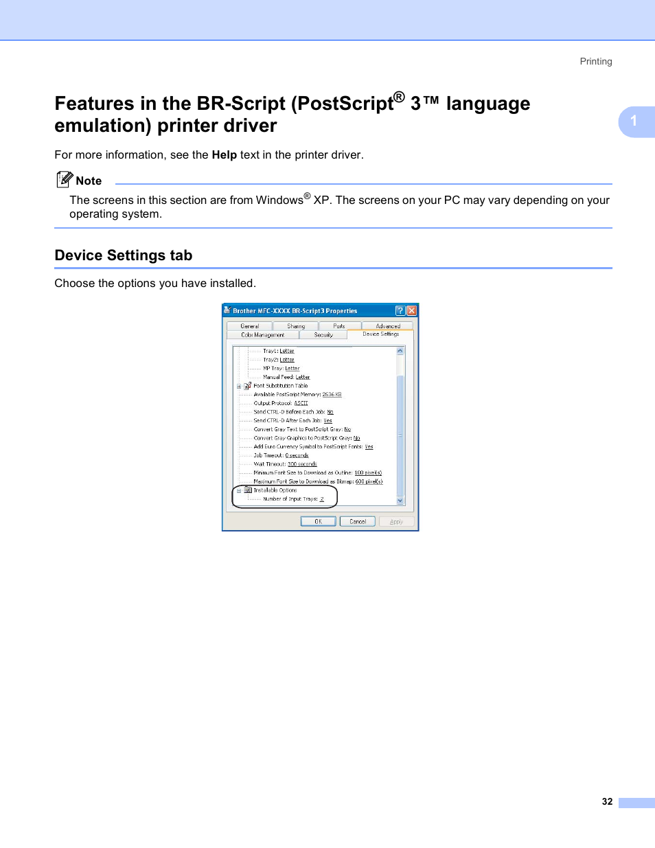 Device settings tab, Features in the br-script (postscript, 3 ™ language emulation) printer driver | Language emulation) printer driver | Brother DCP 9040CN User Manual | Page 40 / 225