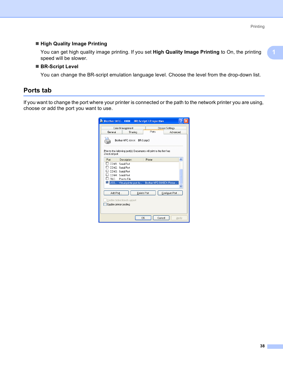 Ports tab | Brother DCP 9040CN User Manual | Page 46 / 225