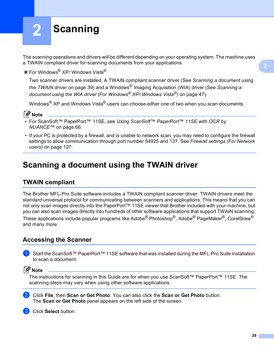 2 scanning, Scanning a document using the twain driver, Twain compliant | Accessing the scanner, Scanning, Twain compliant accessing the scanner | Brother DCP 9040CN User Manual | Page 47 / 225