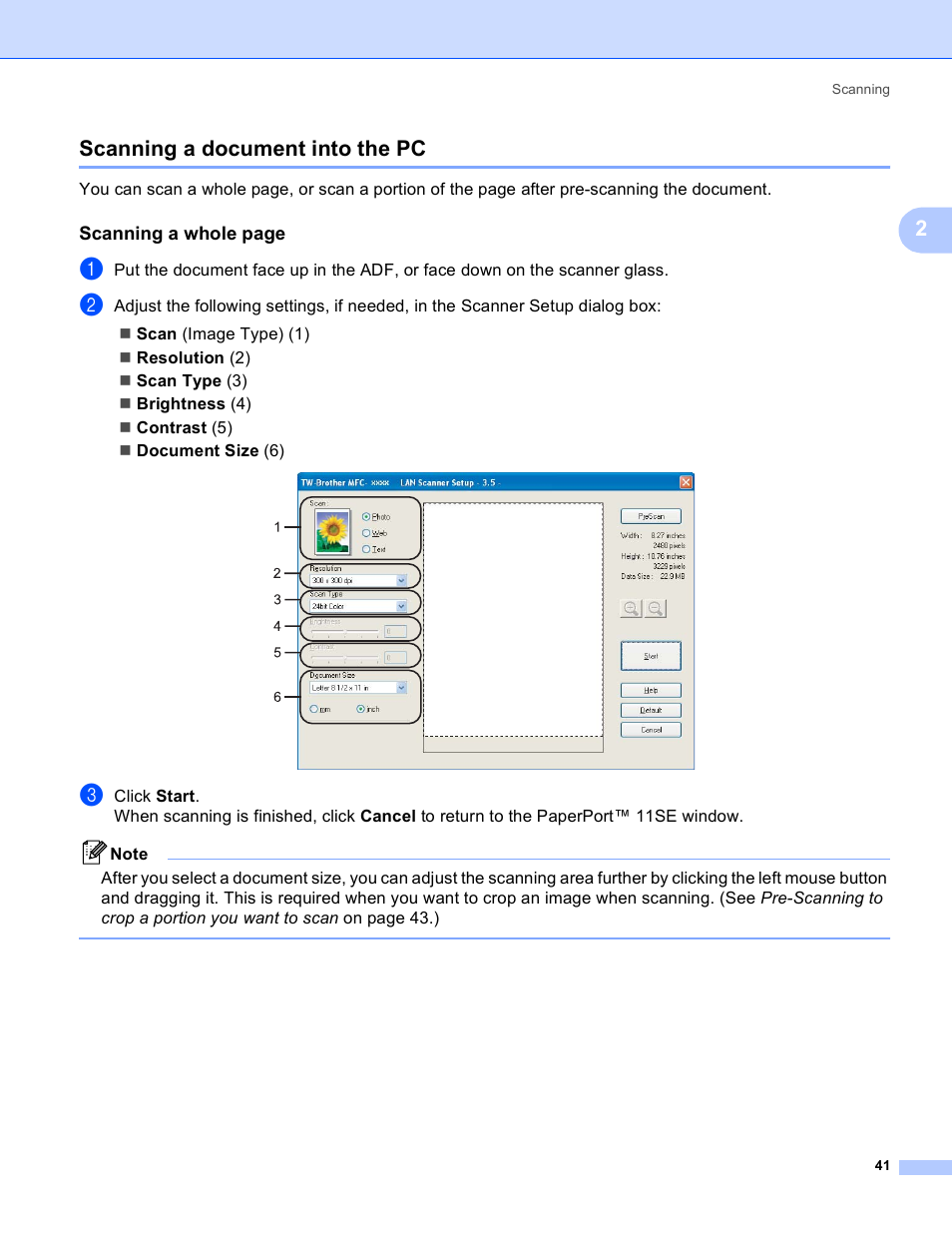 Scanning a document into the pc, 2scanning a document into the pc | Brother DCP 9040CN User Manual | Page 49 / 225