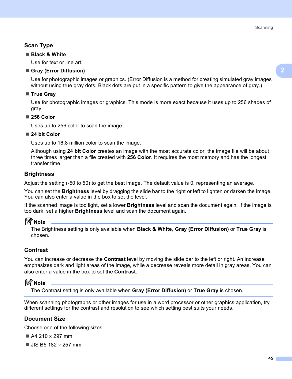 Scan type, Brightness, Contrast | Document size | Brother DCP 9040CN User Manual | Page 53 / 225