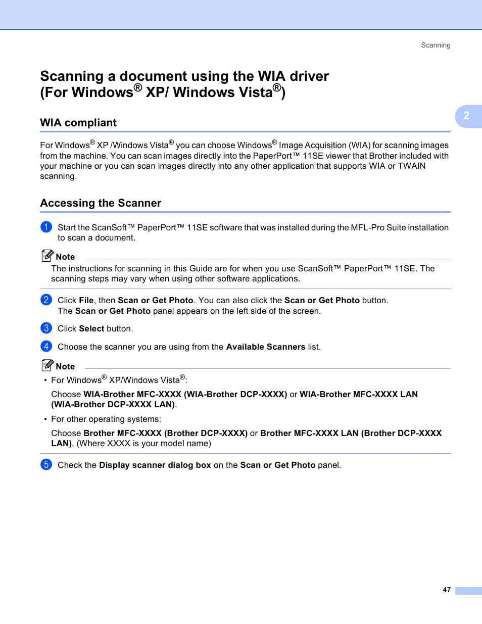 Wia compliant, Accessing the scanner, Xp/ windows vista | Wia compliant accessing the scanner, Scanning a, Document using the wia driver (for windows | Brother DCP 9040CN User Manual | Page 55 / 225