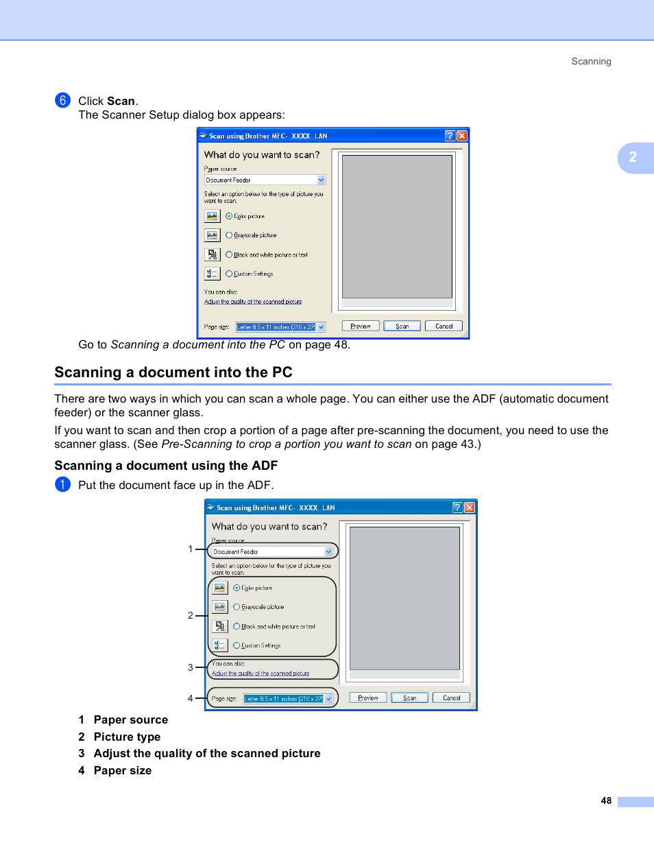 Scanning a document into the pc, Scanning a document using the adf | Brother DCP 9040CN User Manual | Page 56 / 225