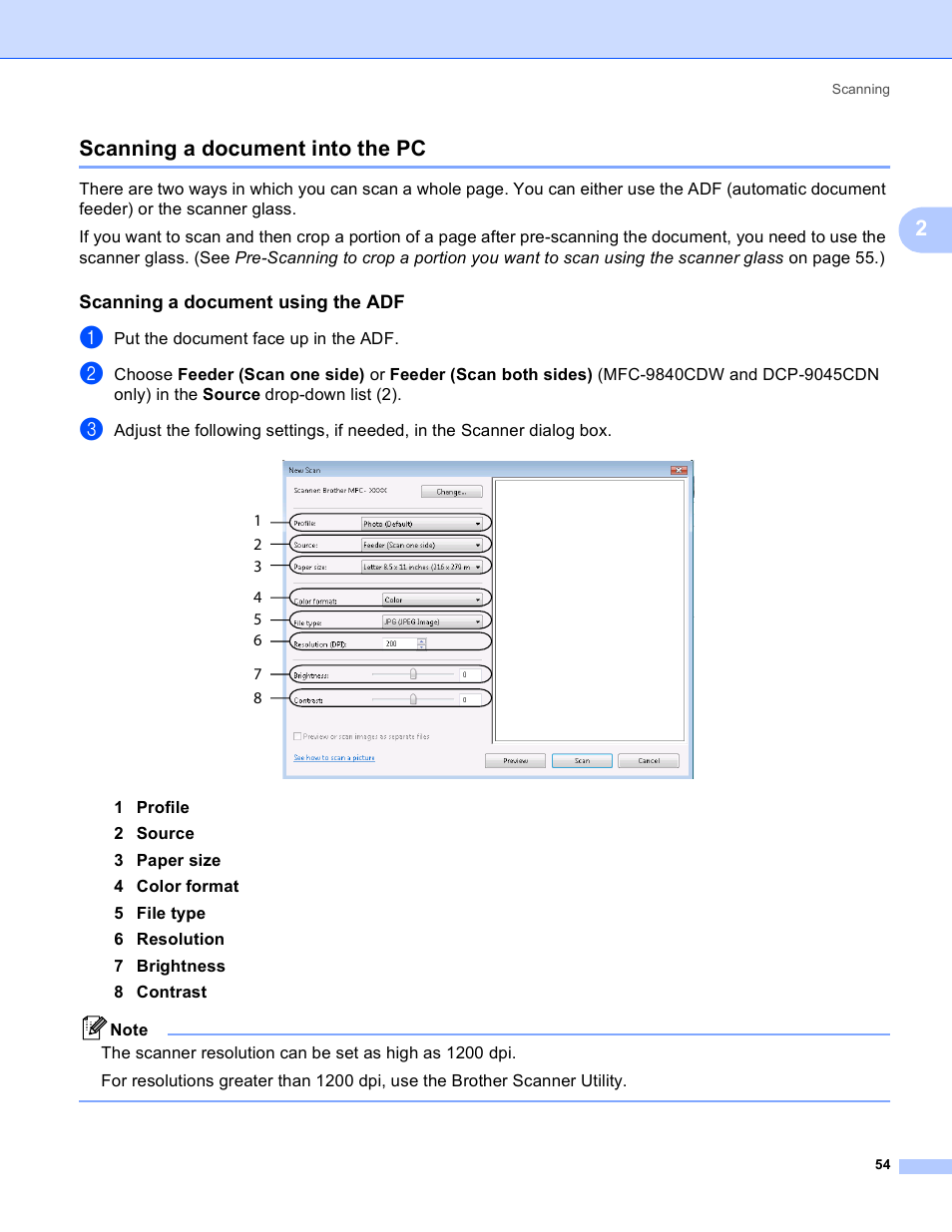 Scanning a document into the pc, Scanning a document using the adf, 2scanning a document into the pc | Brother DCP 9040CN User Manual | Page 62 / 225