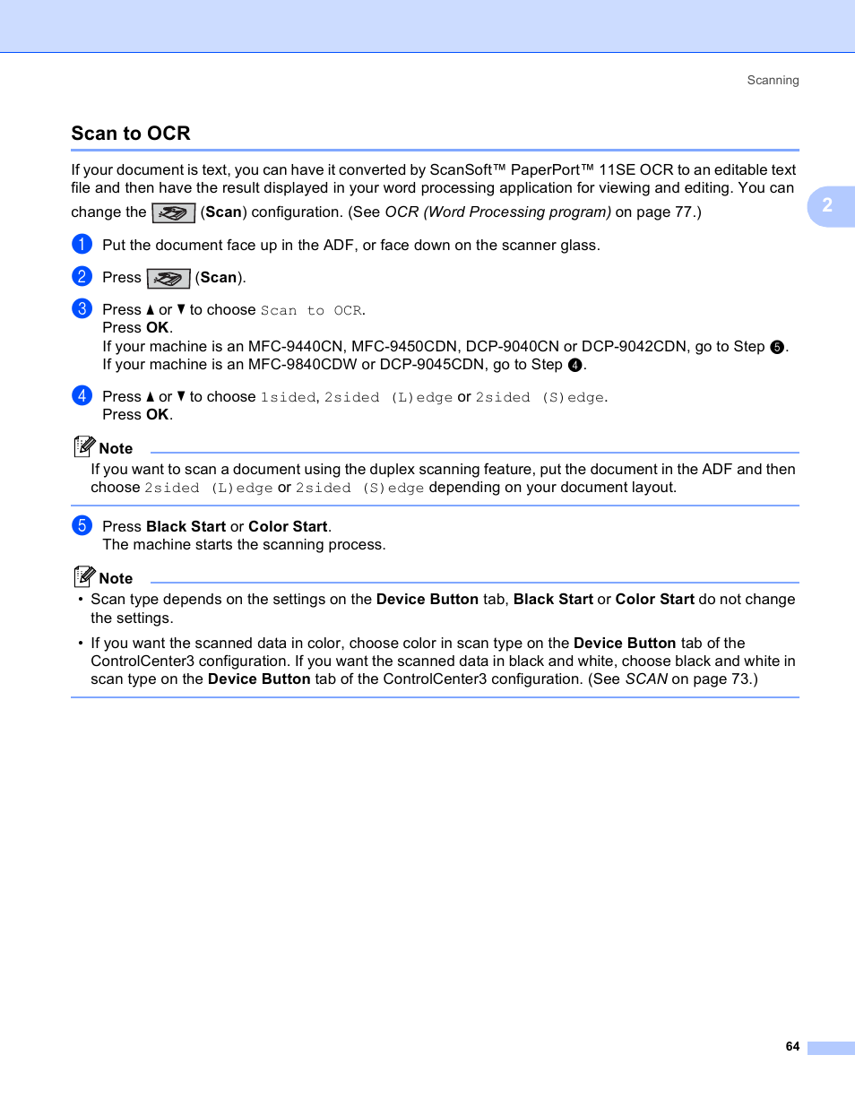 Scan to ocr, 2scan to ocr | Brother DCP 9040CN User Manual | Page 72 / 225