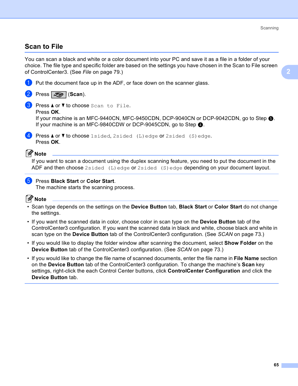 Scan to file, 2scan to file | Brother DCP 9040CN User Manual | Page 73 / 225