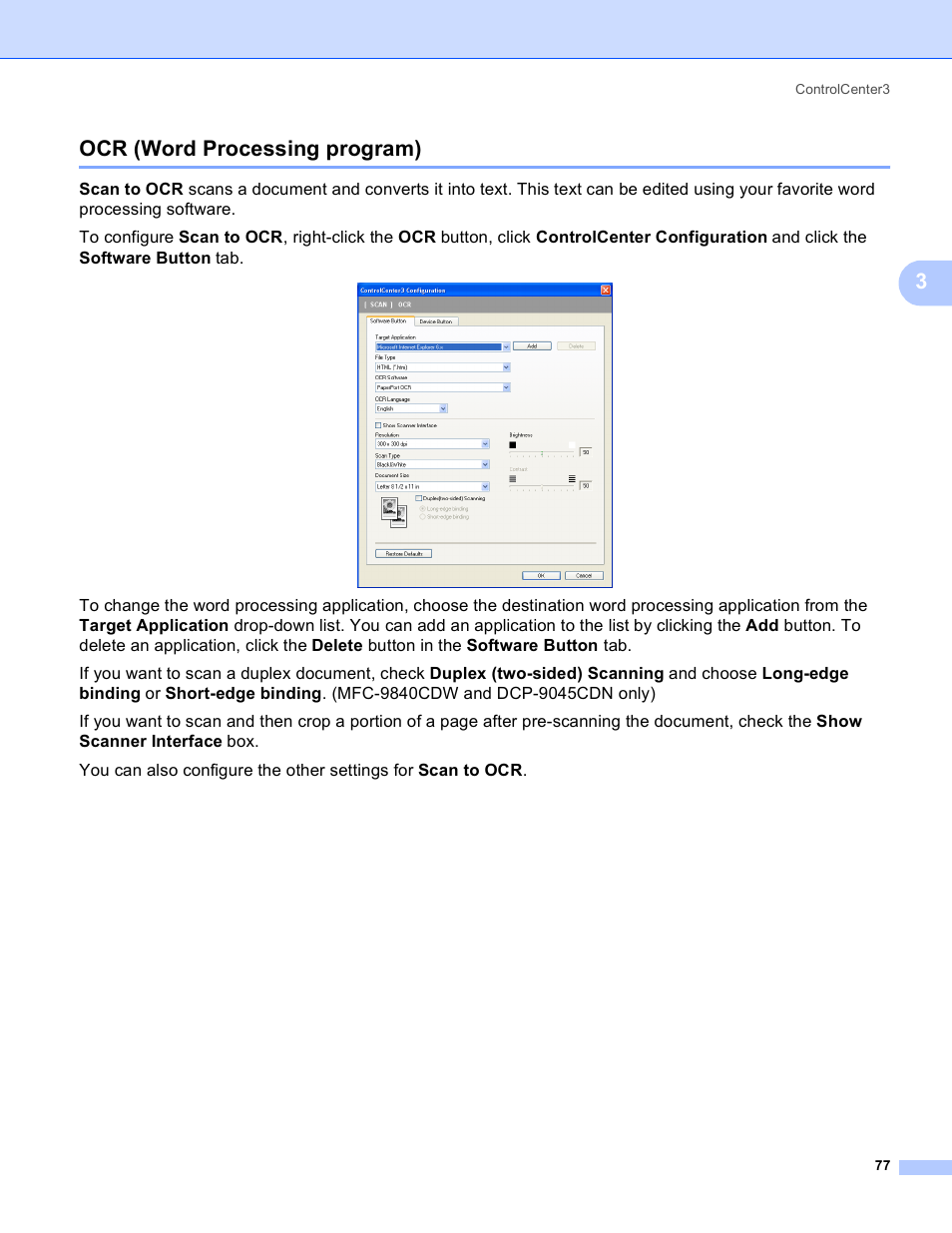 Ocr (word processing program), 3ocr (word processing program) | Brother DCP 9040CN User Manual | Page 85 / 225