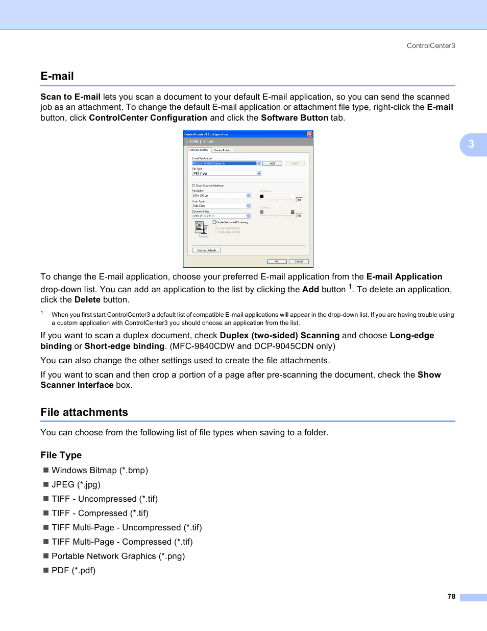E-mail, File attachments, File type | E-mail file attachments, 3e-mail | Brother DCP 9040CN User Manual | Page 86 / 225