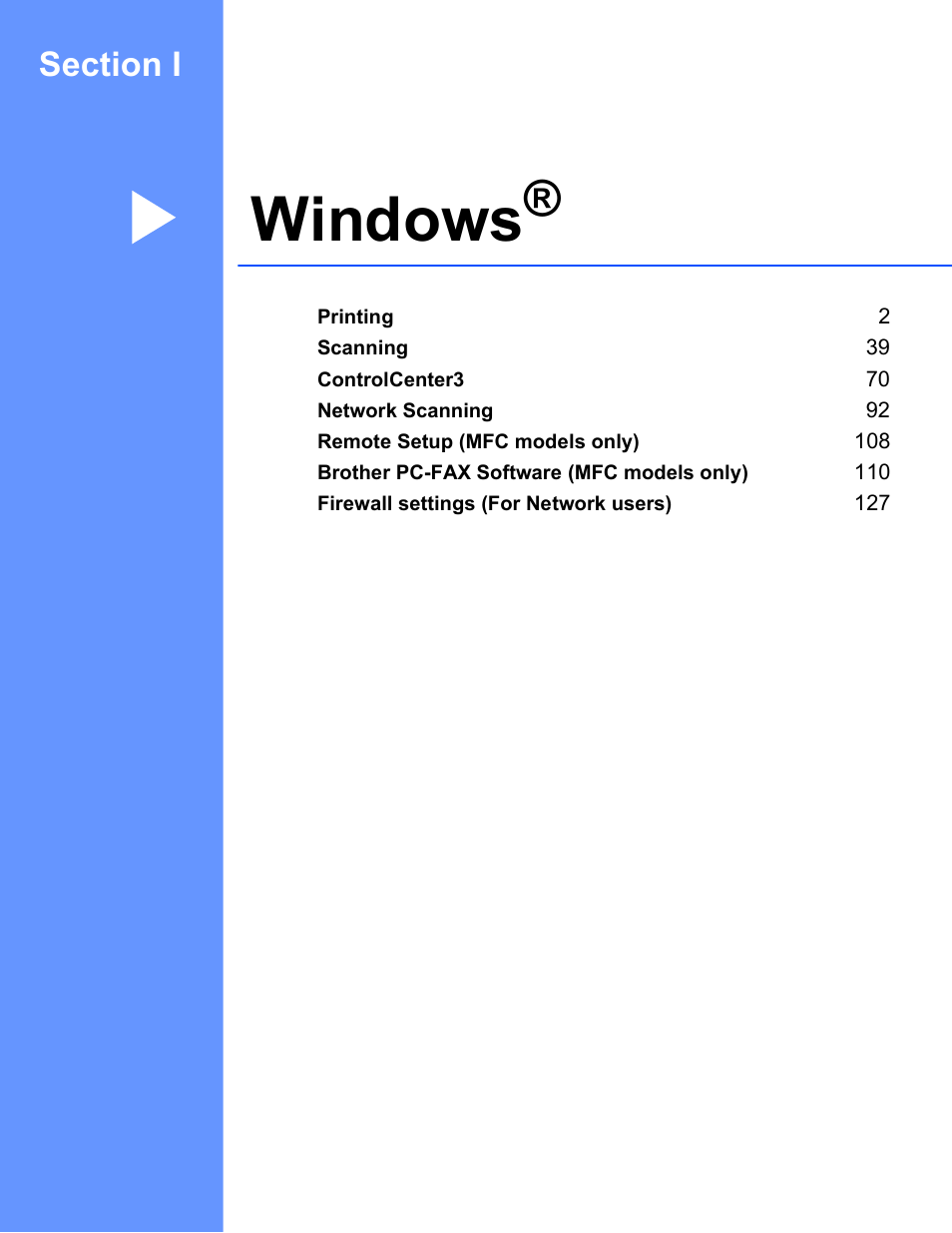 Windows, Section i windows | Brother DCP 9040CN User Manual | Page 9 / 225