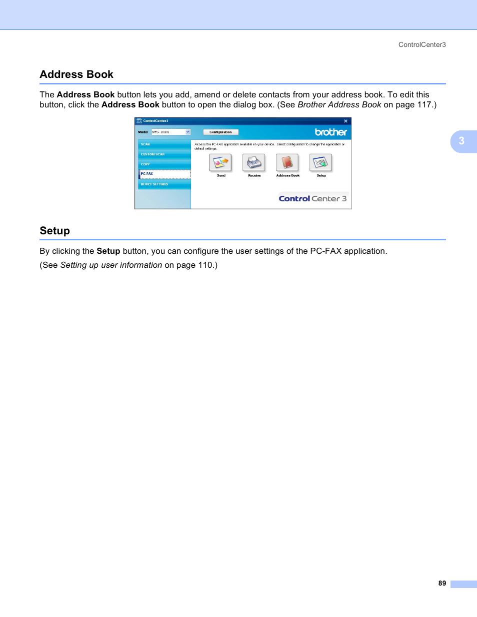 Address book, Setup, Address book setup | 3address book | Brother DCP 9040CN User Manual | Page 97 / 225