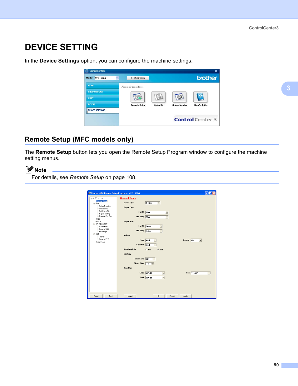 Device setting, Remote setup (mfc models only) | Brother DCP 9040CN User Manual | Page 98 / 225