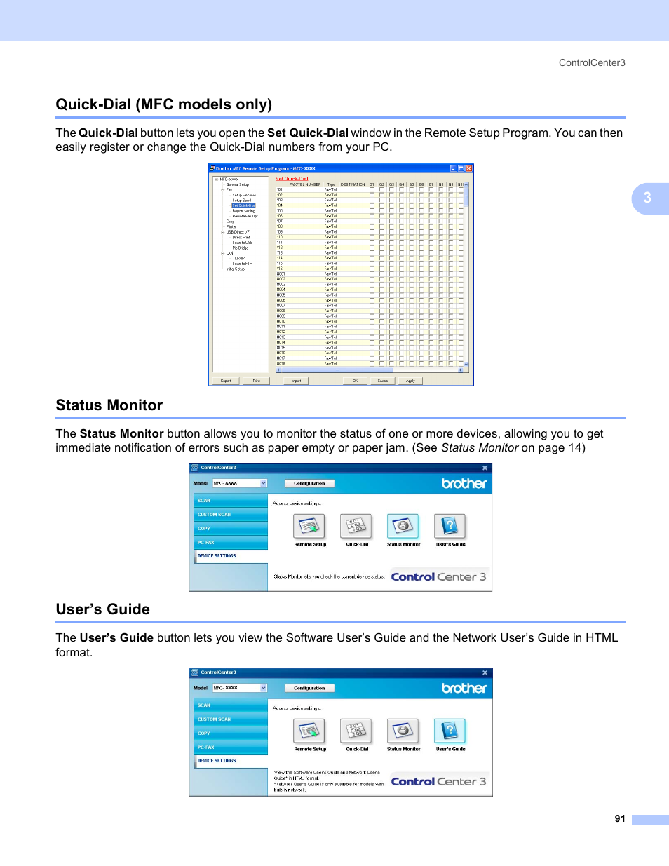 Quick-dial (mfc models only), Status monitor, User’s guide | 3quick-dial (mfc models only) | Brother DCP 9040CN User Manual | Page 99 / 225