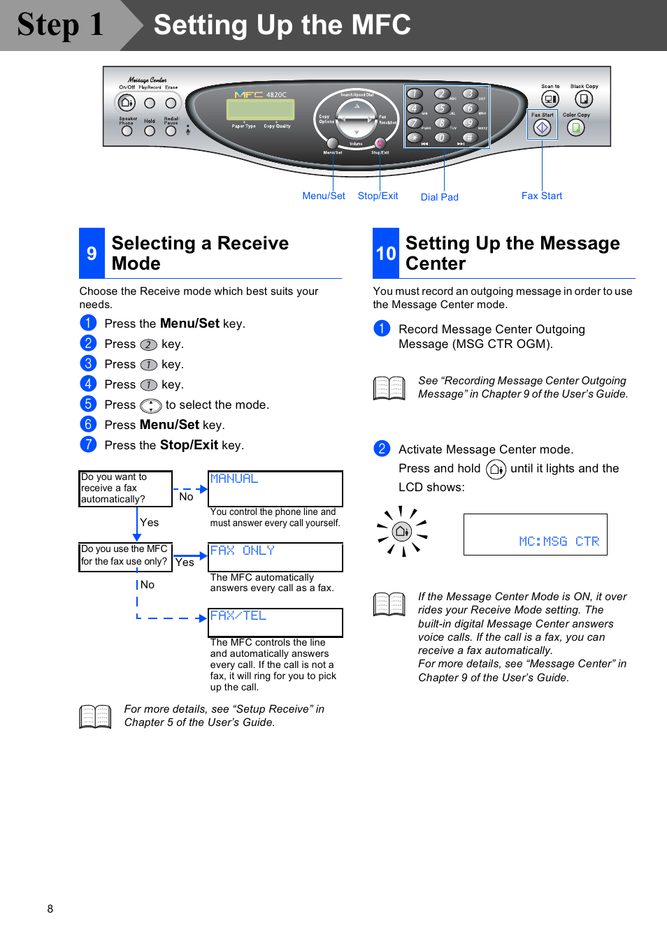 Selecting a receive mode, Setting up the message center, Step 1 | Setting up the mfc, О о о | Brother MFC-4820C User Manual | Page 10 / 28