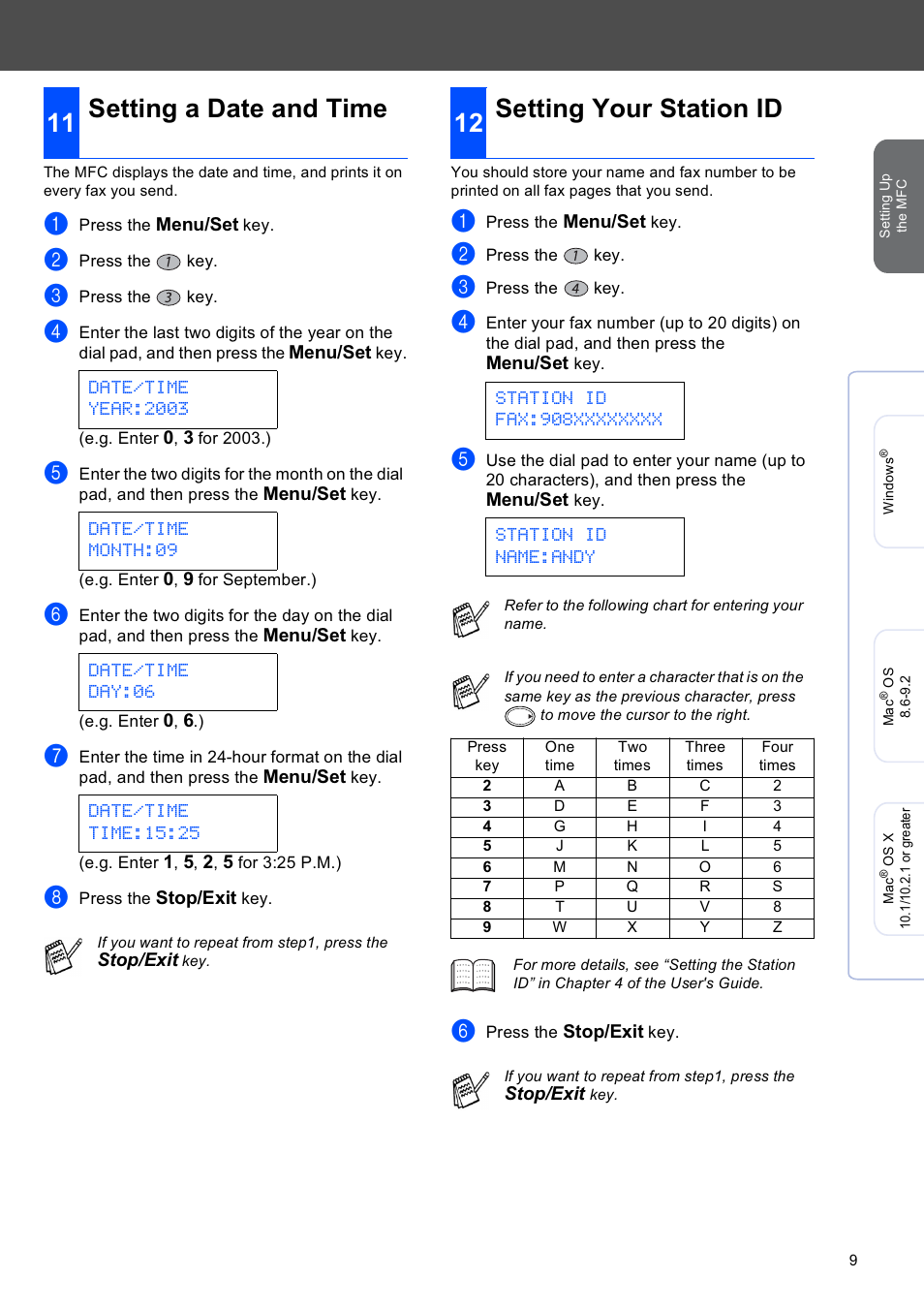 Setting a date and time, Setting your station id, Setting a date and time setting your station id | Brother MFC-4820C User Manual | Page 11 / 28