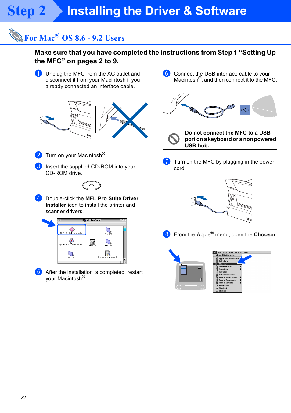 Step 2 2, Mac^ os 8.6 - 9.2 users, O double-click the mfl pro suite driver | For mac® os 8.6 - 9.2 users, Step 2, Installing the driver & software | Brother MFC-4820C User Manual | Page 23 / 28