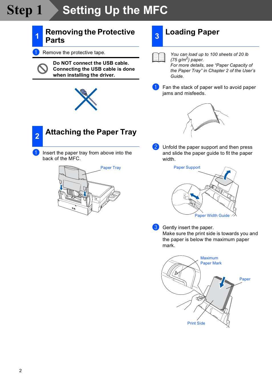Attaching the paper tray, Step 1, 3 setting up the mfc | Brother MFC-4820C User Manual | Page 4 / 28